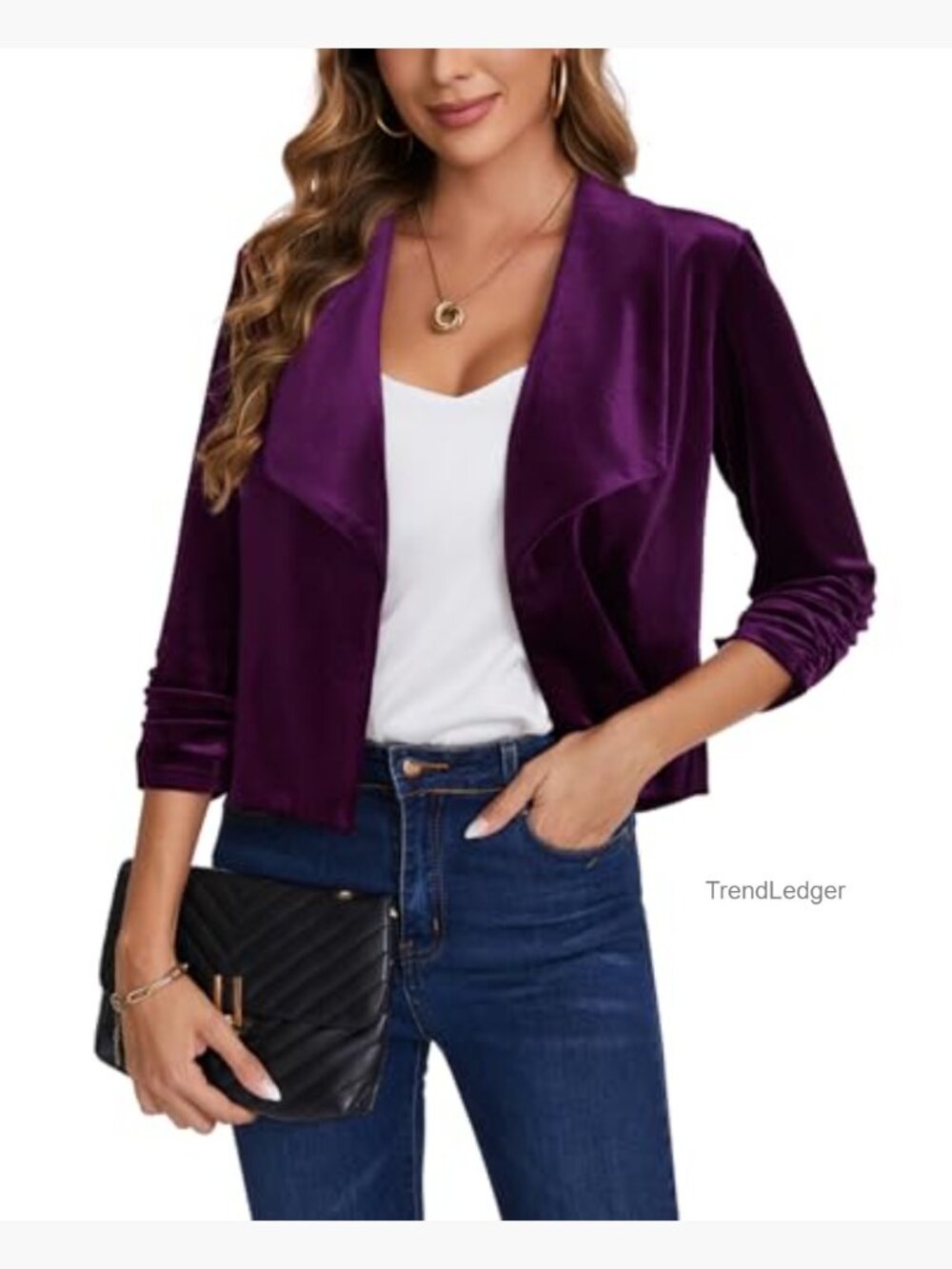 Womens Velvet Blazer Shawl Collar 3/4 Ruched Sleeve Open Front Business Work - Picture 5 of 6